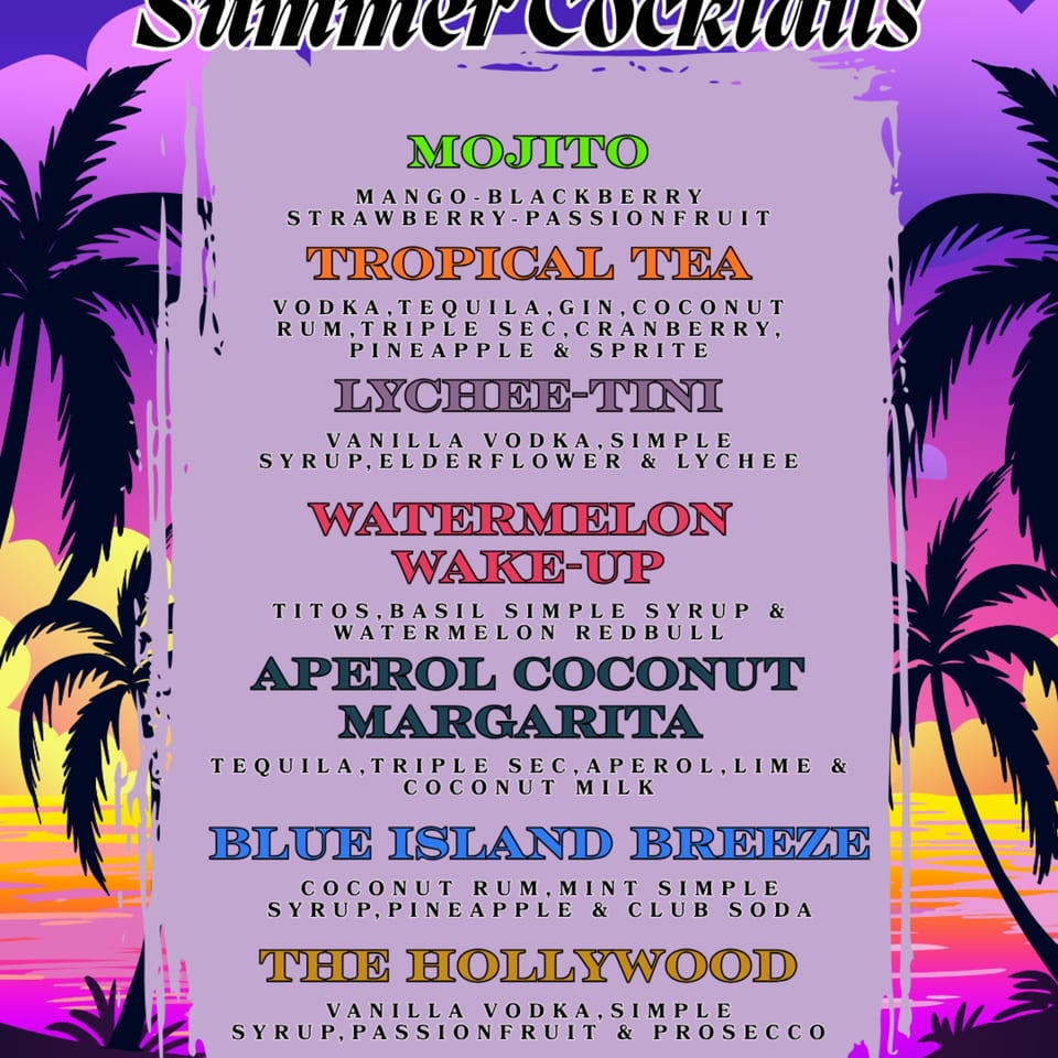 A vibrant summer cocktail menu with palm trees and a sunset background, listing various drink options.