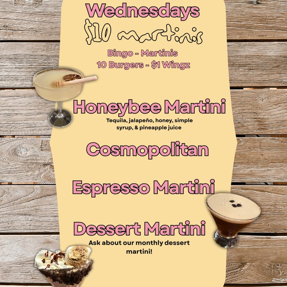 A menu board on a wooden background with martini specials and descriptions, including a Honeybee and Espresso Martini.