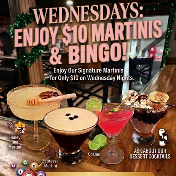 Four martinis, including Honey Bee, Espresso, Cosmo, and a dessert cocktail, on a wooden table.