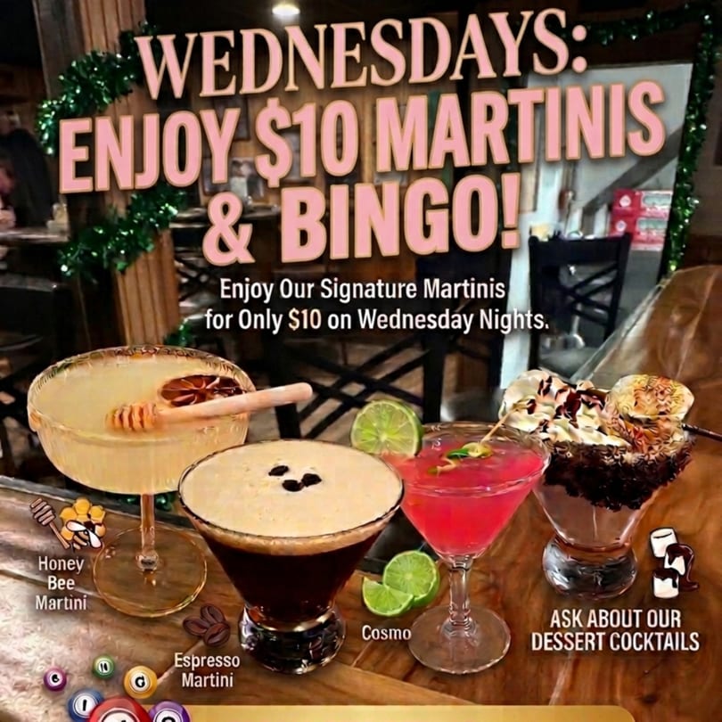 Four martinis, including Honey Bee, Espresso, Cosmo, and a dessert cocktail, on a wooden table.