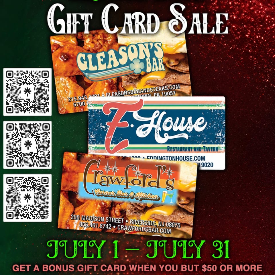 Gift card sale advertisement featuring three restaurant gift cards with food images and QR codes.