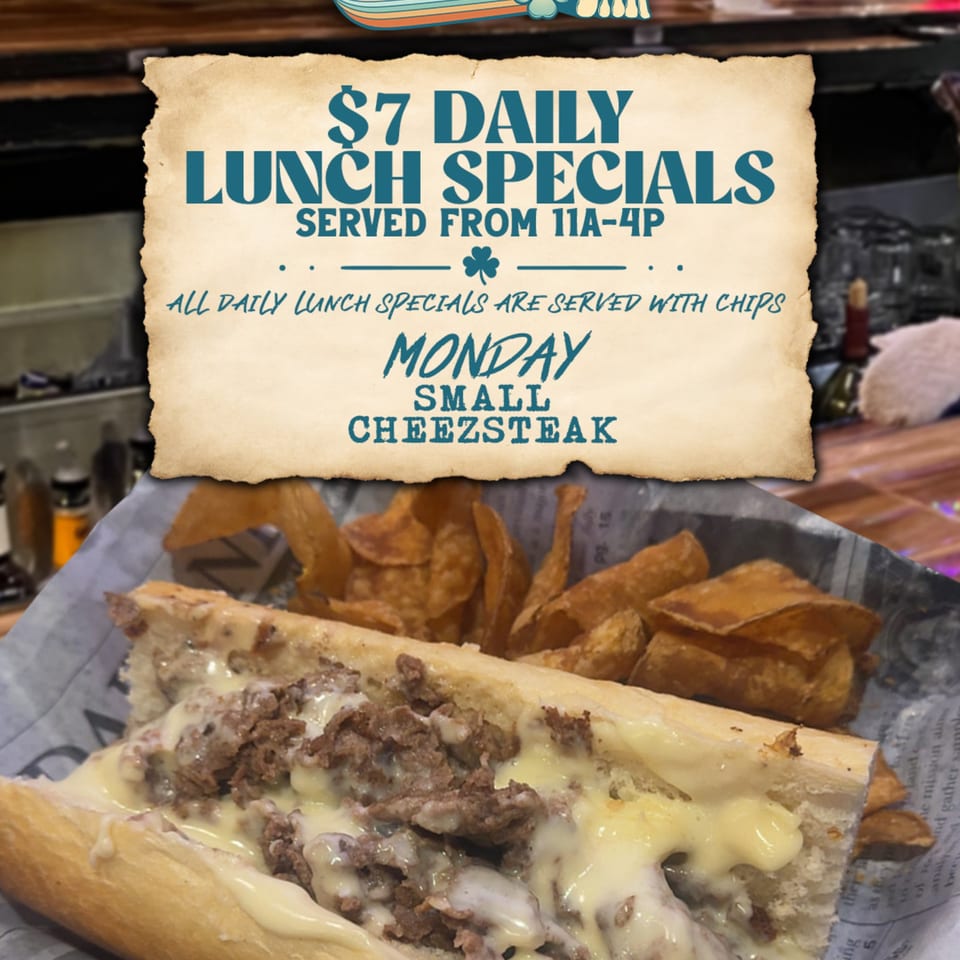 Gleasons Bar's small cheesesteak with chips, advertised as a $7 Monday lunch special.