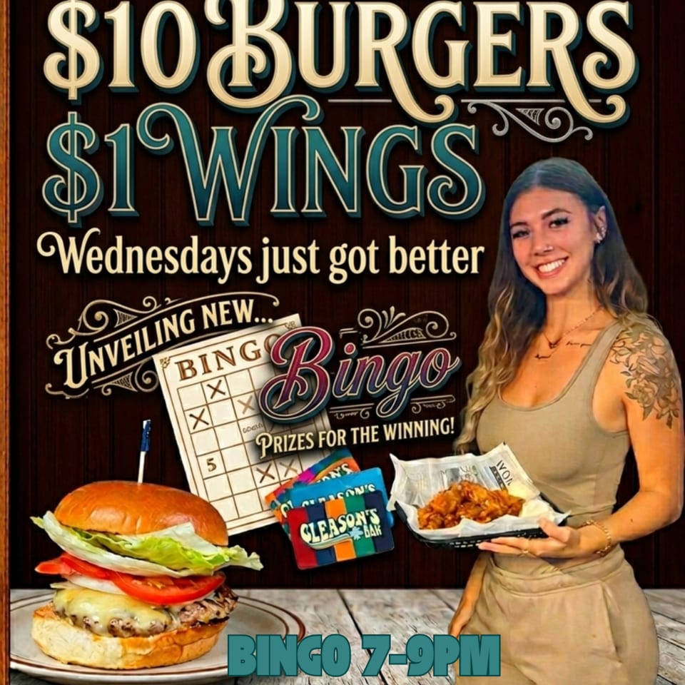 A woman holding wings, a burger, bingo cards, and text advertising $10 burgers and $1 wings.