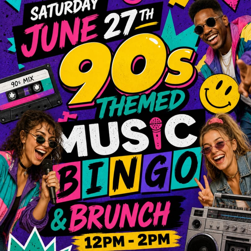 Colorful 90s-themed poster with three smiling people, a cassette tape, and a boombox.