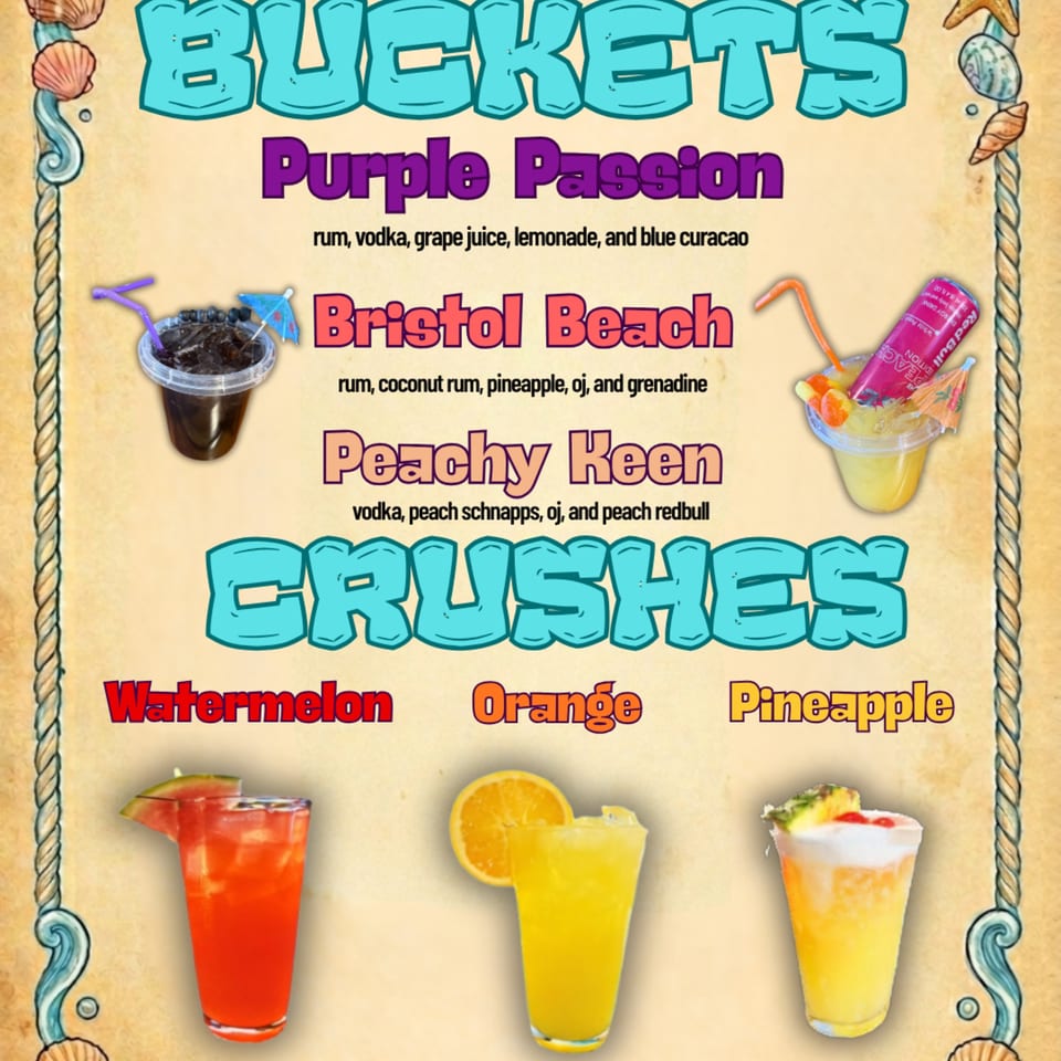 A menu of colorful alcoholic drinks, including "Buckets" and "Crushes" with ingredients listed.