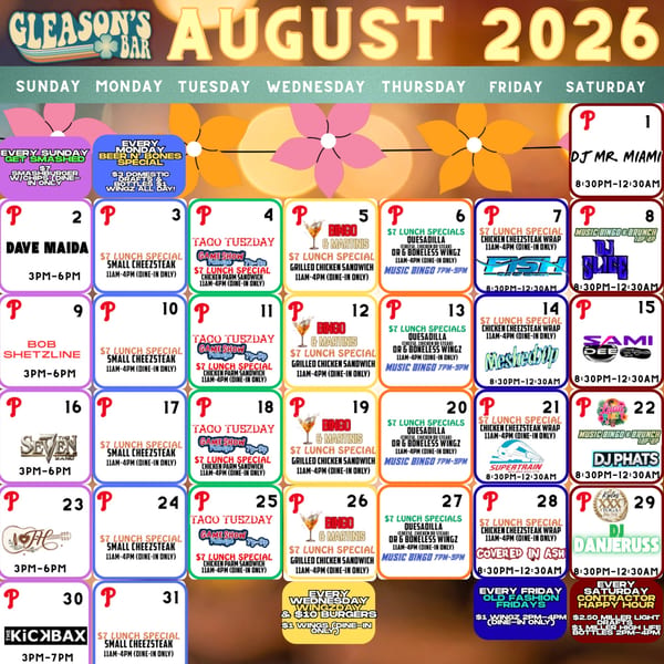 Gleason's Bar August 2026 calendar displaying daily food specials, music, and DJ events.