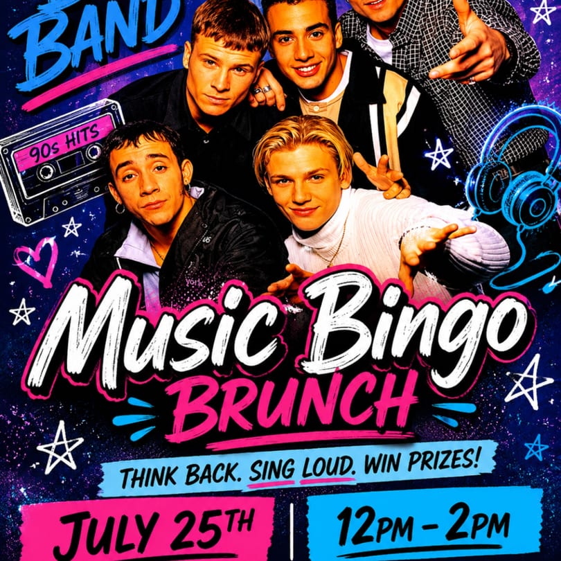 A vibrant 90s-themed poster for a Music Bingo Brunch event, featuring a boy band and a cassette.