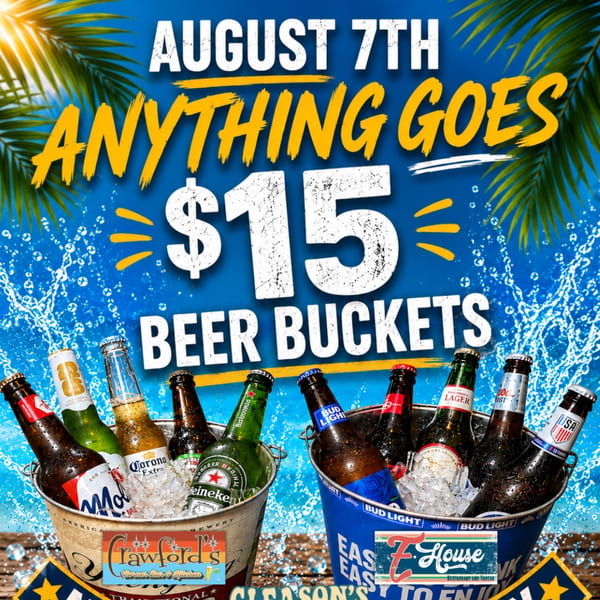 Two ice-filled beer buckets with various bottles, splashing water, advertising a $15 special.