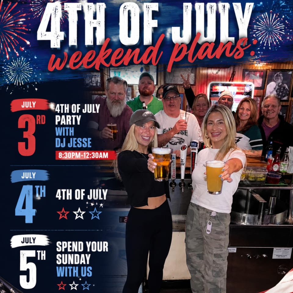 Two women holding beers in front of a bar, with other patrons and 4th of July event details.