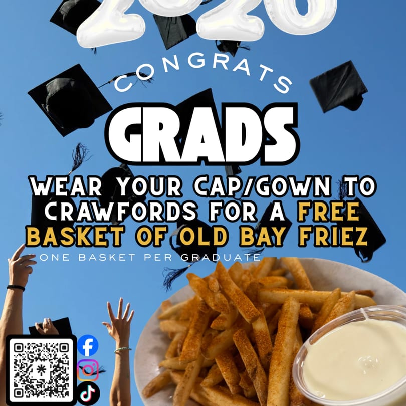 Graduation caps flying in a blue sky above a basket of Old Bay fries and dipping sauce.