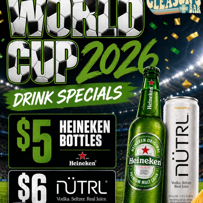 World Cup 2026 drink specials with Heineken beer and NÜTRL seltzer bottles on a stadium background.
