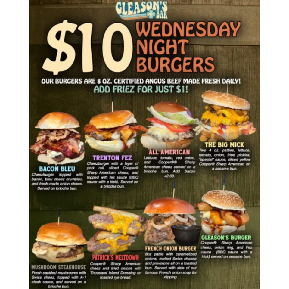 A menu for Gleason's Bar, advertising $10 Wednesday Night Burgers with various options.