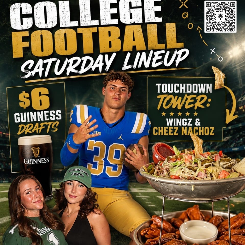 Football promotion featuring a player, two fans, Guinness, chicken wings, loaded nachos, and Saturday lineup details.