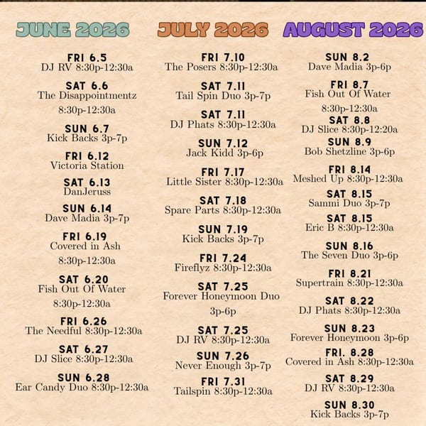 A calendar of musical performances for June, July, and August 2026, listing artists and times.